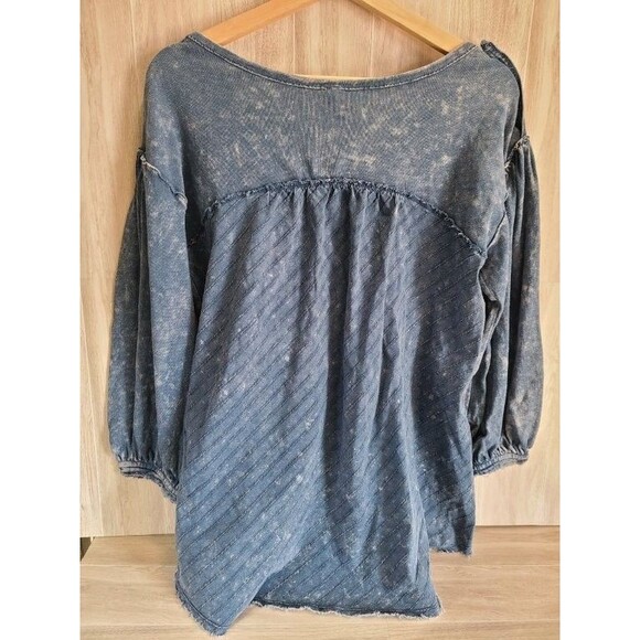 Free People Blue Cotton Top Puff Sleeve Bib Blouse Distressed Wash We The Free - Picture 2 of 9